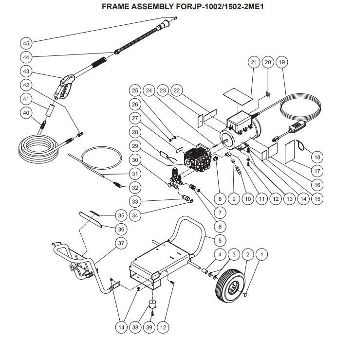 JP-1002-2ME1 & JP-1502-2ME1 Pressure Washer breakdowns Replacement Parts, repair Kits & manual.